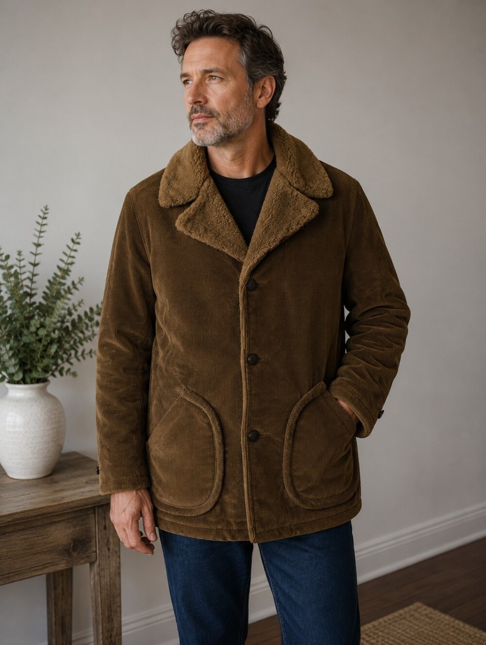 Men's Brown Corduroy Sherpa-Lined Jacket Size 42